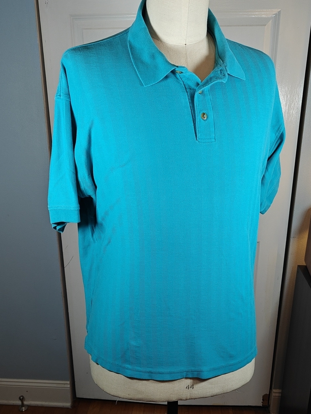 Cumberland Bay Men Teal Herringbone Short Sleeve Polo Shirt XXL